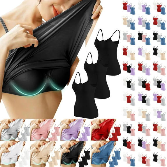 Otntypg 3 Pack Cotton Shelf Bra Camisole Tops for Women Adjustable Spaghetti Strap Athletic Workout Cami Tank Tops Summer Undershirts Multicolor#28 L
