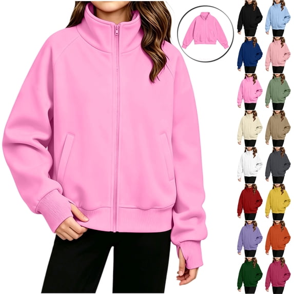 Otntypg (5-15Years)Full Zip up Mock Neck Sweatshirts for Girls Cute Fall Long Sleeve Basic Solid Color Atheltic Track Jackets Lightweight Comfy Stand Collar Pullover Tops with Pockets & Thumb Hole