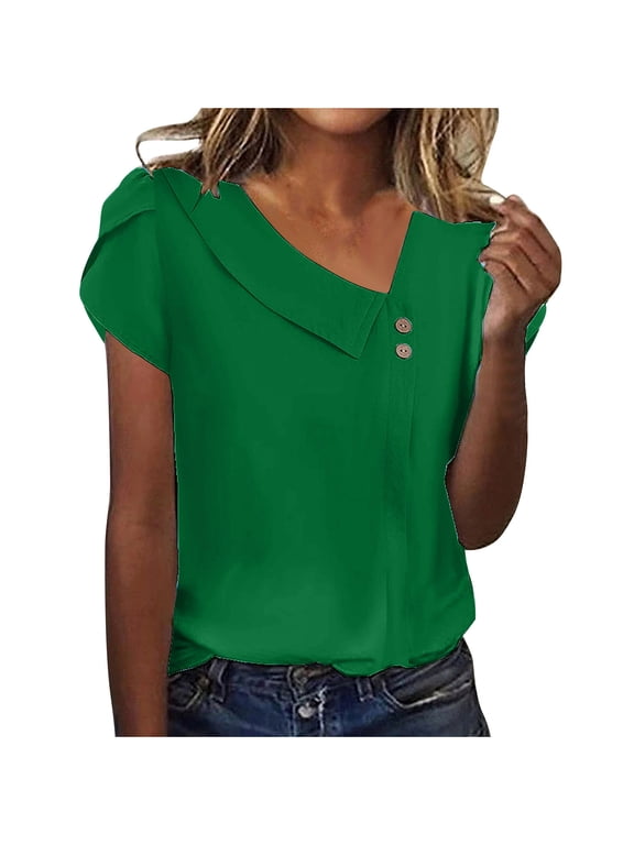 Asymmetrical Button V Neck Tops for Women Dressy Casual Summer Petal Short Sleeve Basic Solid Color Tunic Tees Shirt Trendy Cozy Work Business Blouse Dark Green XXL