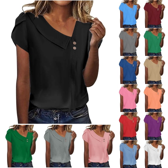 Otntypg Asymmetrical Button V Neck Tops for Women Dressy Casual Summer Petal Short Sleeve Basic Solid Color Tunic Tees Shirt Trendy Cozy Work Business Blouse Blue XL