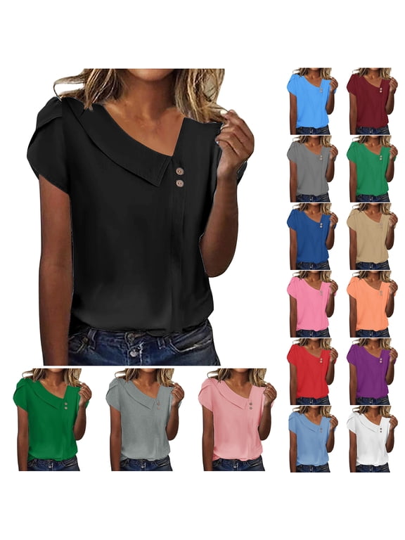 Asymmetrical Button V Neck Tops for Women Dressy Casual Summer Petal Short Sleeve Basic Solid Color Tunic Tees Shirt Trendy Cozy Work Business Blouse Blue XL