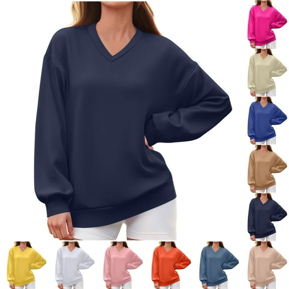 Otntypg Baggy Sweatshirts for Women Casual V Neck Long Sleeve Fall Pullover Tops Loose Lightweight Oversized Dressy Outwear T-Shirts Dark Blue L