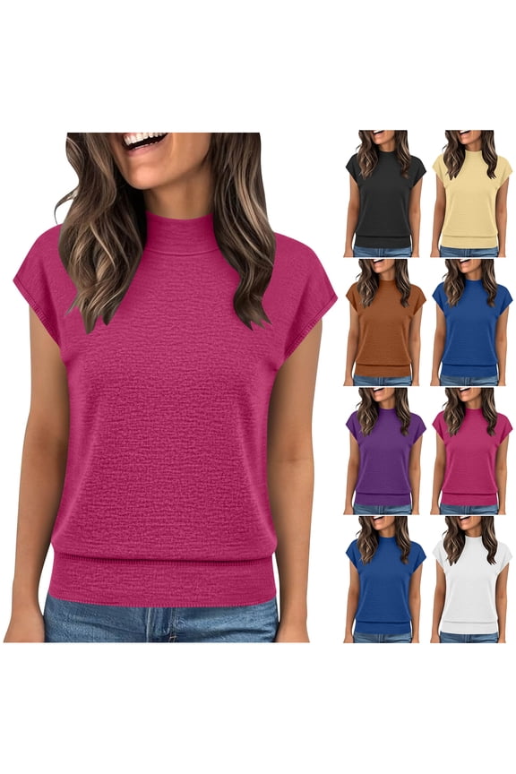 Banded Bottom T Shirts for Women Dressy Casual Mock Neck Summer Cap Sleeve Tunic Blouse Loose Fit Comfy Beach Vacation Tees Tops