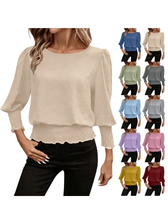 Banded Bottom Tops for Women Elegant Smocked Tops Elastic Cinched Waist Top Dressy Blouse 3/4 Length Sleeve Casual Tunic T-Shirts Pink L