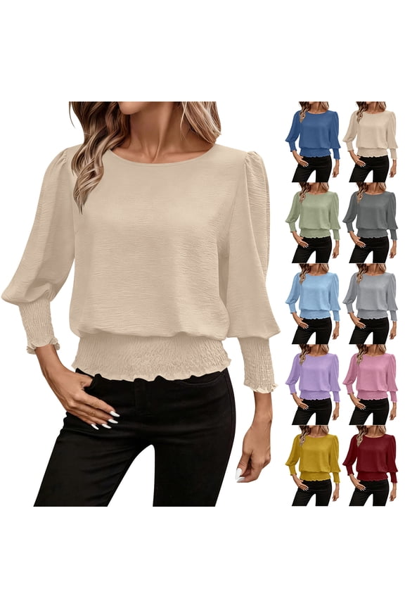 Banded Bottom Tops for Women Elegant Smocked Tops Elastic Cinched Waist Top Dressy Blouse 3/4 Length Sleeve Casual Tunic T-Shirts Wine XL