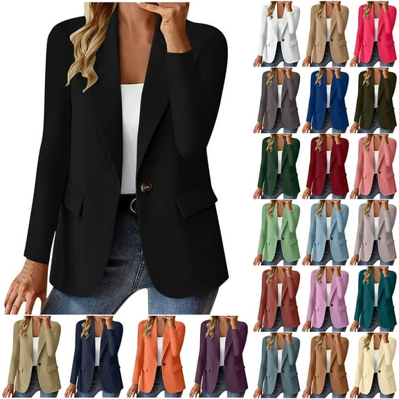 Otntypg Blazer Jackets for Women Lightweight Open Front Long Sleeve Work Office Casual One Button Formal Notch Lapel Suit Jacket with Pockets Black XXXL