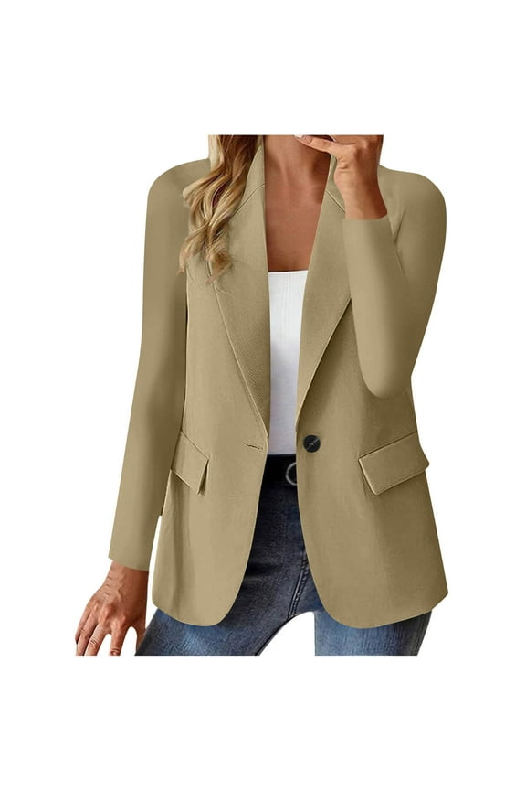 Blazer Jackets for Women Lightweight Open Front Long Sleeve Work Office Casual One Button Formal Notch Lapel Suit Jacket with Pockets Khaki#02 XL