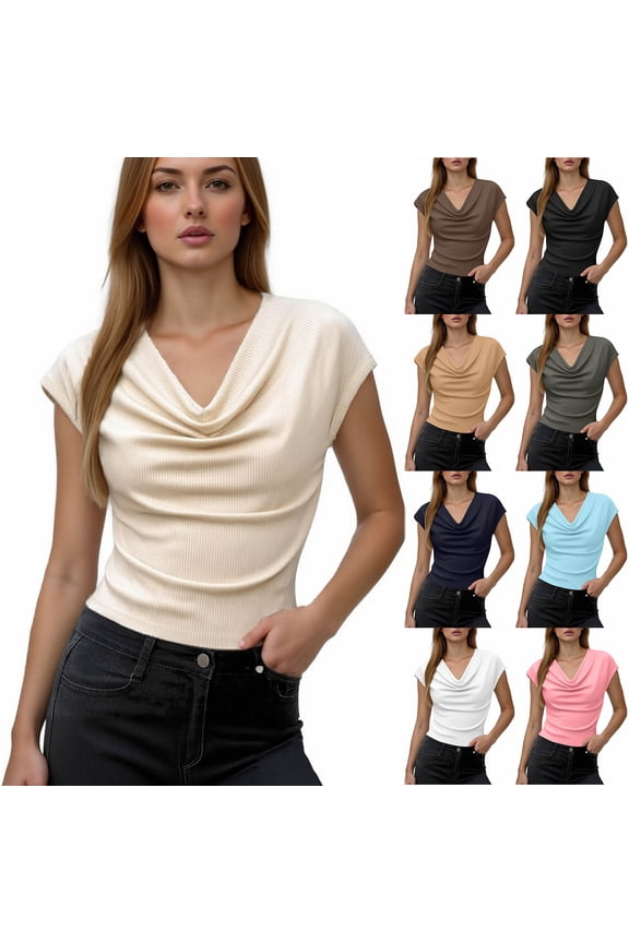 Blouses for Women Dressy Casual Summer Cowl Neck Ruched Cap Short Sleeve Tunic Tops Spring Work Office Teacher Shirts Black XXL