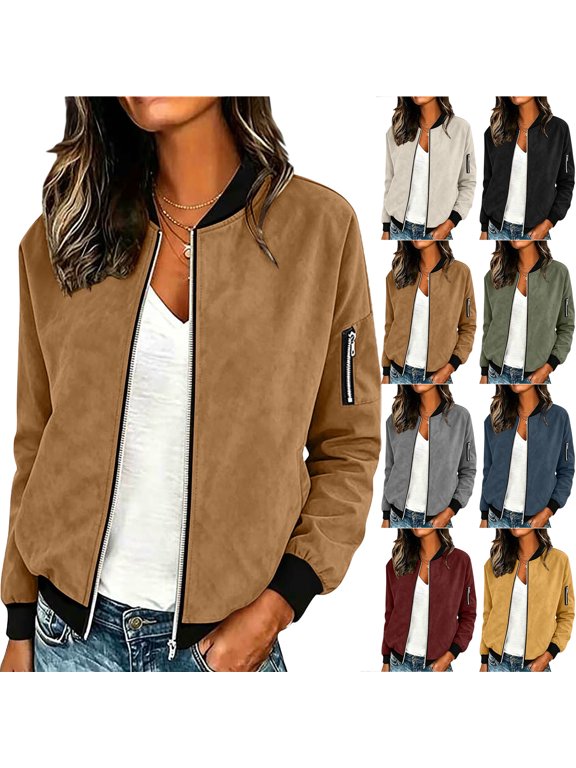 Bomber Jackets for Women Casual Fall Long Sleeve Full Zip up Suede Jacket Loose Varsity Jackets Lightweight Casual Outerwear with Arm Zipper Pocket
