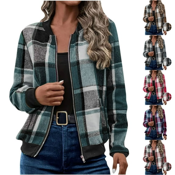 Otntypg Bomber Jackets for Women Fall Long Sleeve Casual Full Zip up Plaid Jacket Loose Fit Cardigan Lightweight Outwear Coat with Pockets Army Green XL