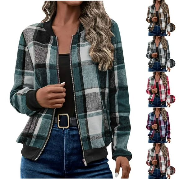 Otntypg Bomber Jackets for Women Fall Long Sleeve Casual Full Zip up Plaid Jacket Loose Fit Cardigan Lightweight Outwear Coat with Pockets Gray M