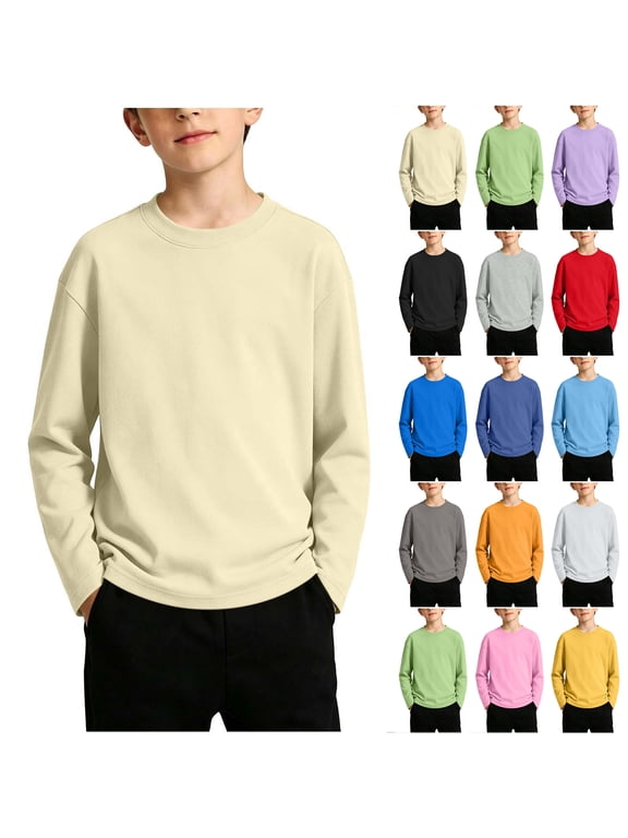 Boys Sweatshirts Kids Fashion Long Sleeve Basic Solid Color Athletic Crewneck Pullover Tops Lightweight Comfy Base Tunic Tees Shirt, 2-13 Years