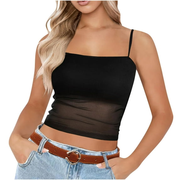 Otntypg Bralettes for Women Adjustable Spaghetti Strap Mesh Tank Top Sexy Tube Slim Y2K Camisole Black S