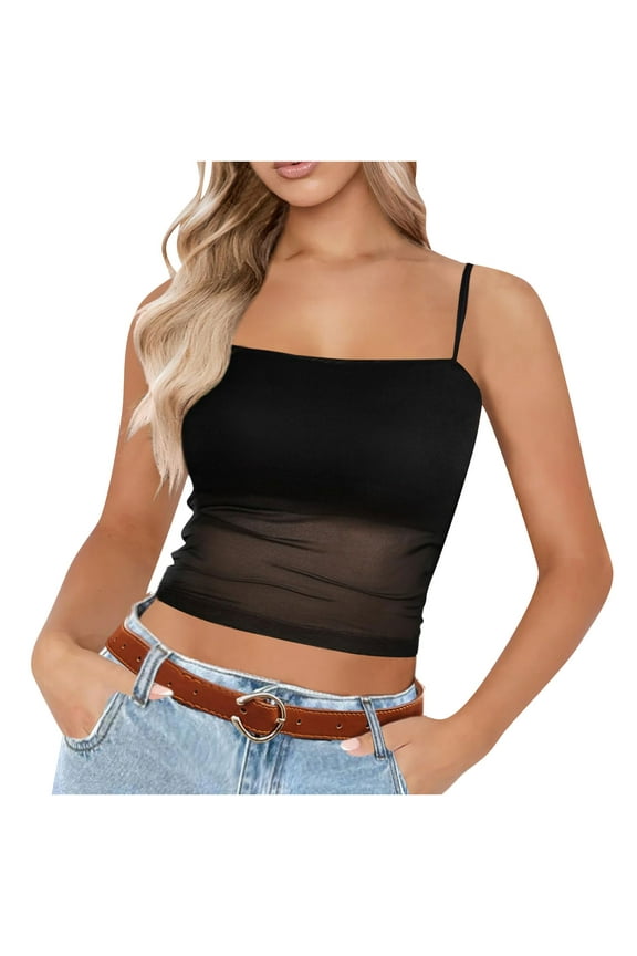 Bralettes for Women Adjustable Spaghetti Strap Mesh Tank Top Sexy Tube Slim Y2K Camisole Black XXL