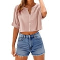 thumbnail image 1 of Otntypg Button Crop Tops for Women Lightweight Casual Summer Short Sleeve V Neck Solid Color Cotton and Linen T-Shirts Loose Fit Cropped Shirts Pink L, 1 of 5