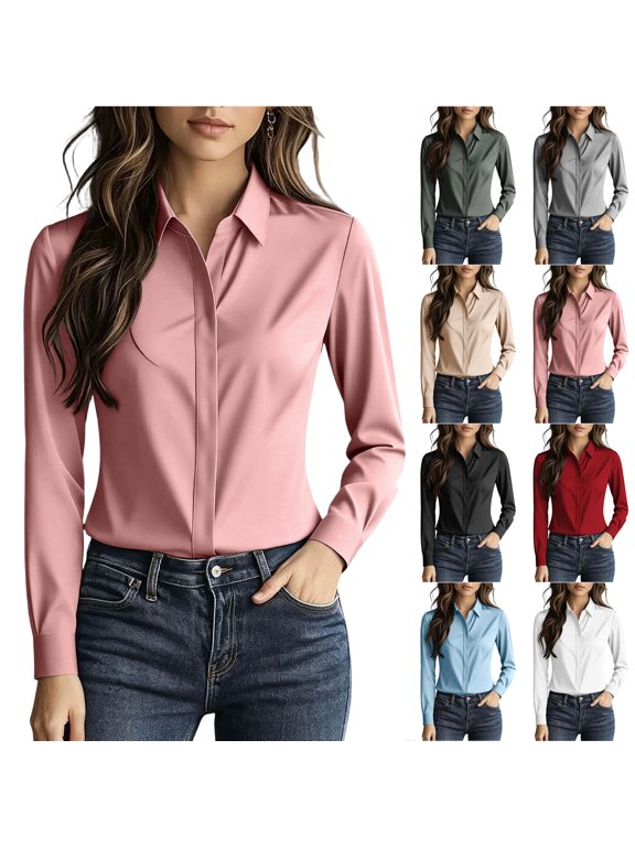 Button Down Shirt for Women Elegant No Gaping Hidden Placket Office Blouse Lapel Collared Dress Shirt Long Sleeve Work Business Tops