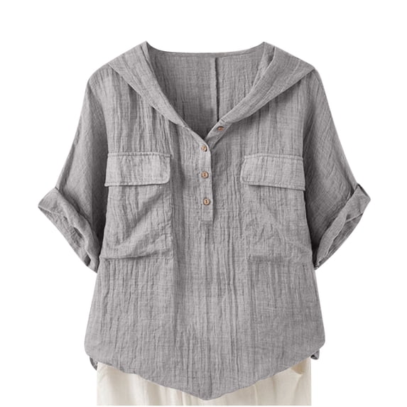 Otntypg Button Down Hooded Shirts for Women Lightweight Casual Summer Short Sleeve Cargo Hoodie Tops Trendy Imitation Cotton And Linen Tunic Blouse with Pockets Gray M
