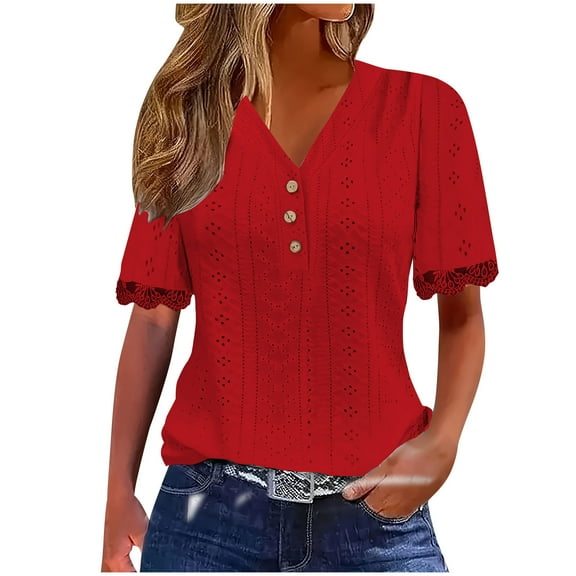 Otntypg Casual Button V Neck Plain T-Shirts for Women Lightweight Dressy Trim Short Sleeve Lace Crochet Eyelet Hollow out Tunic Tops Summer Outfit Clothes Red S