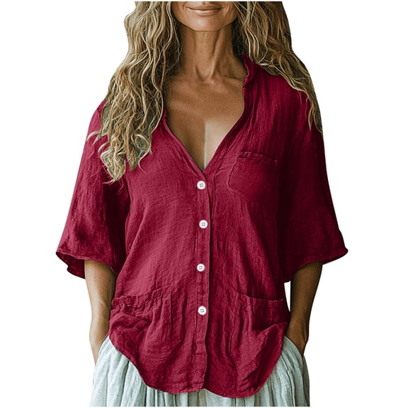 Otntypg Casual V Neck T-Shirts for Women Loose Fit Summer Button Down 3/4 Sleeve Imitation Cotton And Linen Tunic Tops Lightweight Beach Vacation Shirts with Pockets Wine S