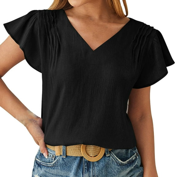 Otntypg Chiffon Blouse for Women Elegant Summer Smoked Ruffle Sleeve Crewneck Basic V Neck Tunic Tees Tops Loose Fit Casual Solid Color T-Shirts Black M