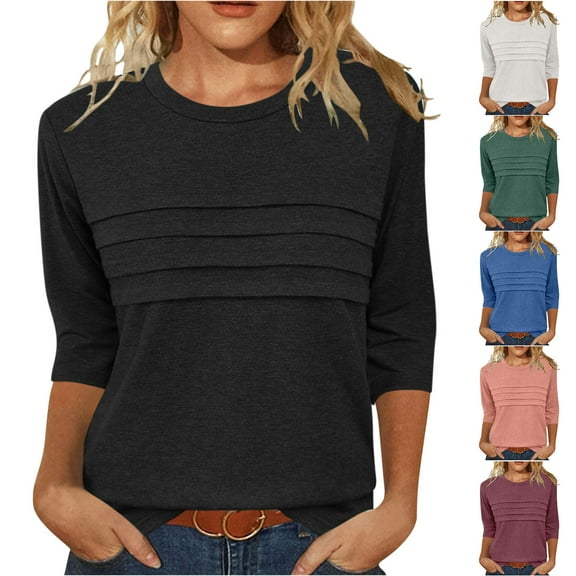 Otntypg 3/4 Length Sleeve Womens Tops Cute Summer Round Neck Casual Plain Tunic T-Shirts Pleated Shirts Loose Fit Dressy Elegant Blouses Pink L