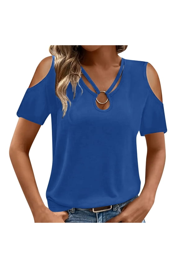 Cold Shoulder Tops for Women Dressy Casual Criss Cross O-Ring Tie Hollow out V Neck Short Sleeve Solid Color Basic Tunic Blouse Blue L
