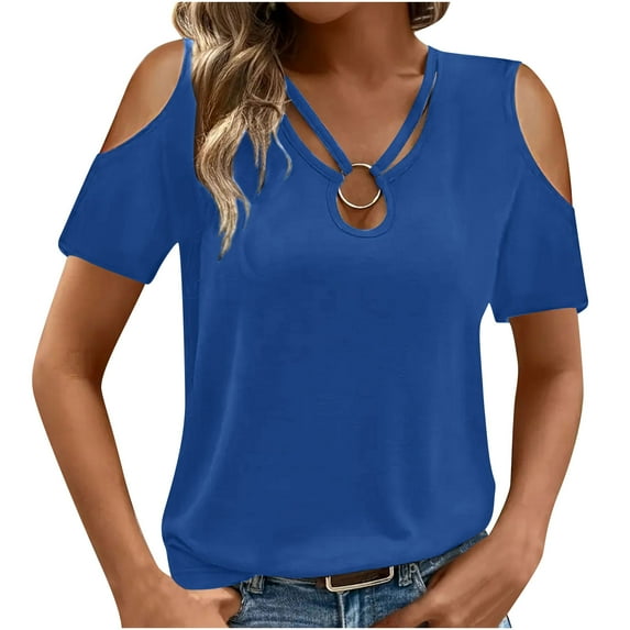 Otntypg Cold Shoulder Tops for Women Dressy Casual Criss Cross O-Ring Tie Hollow out V Neck Short Sleeve Solid Color Basic Tunic Blouse Blue S