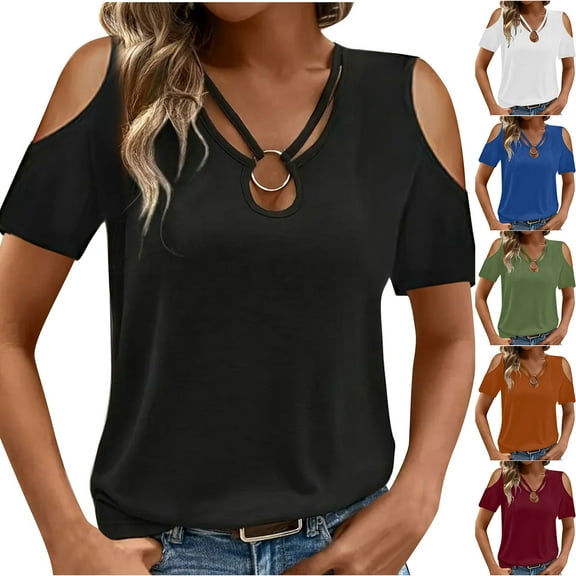 Otntypg Cold Shoulder Tops for Women Dressy Casual Criss Cross O-Ring Tie Hollow out V Neck Short Sleeve Solid Color Basic Tunic Blouse White XXL