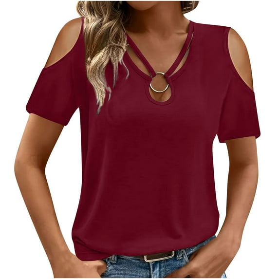 Otntypg Cold Shoulder Tops for Women Dressy Casual Criss Cross O-Ring Tie Hollow out V Neck Short Sleeve Solid Color Basic Tunic Blouse Wine XXL