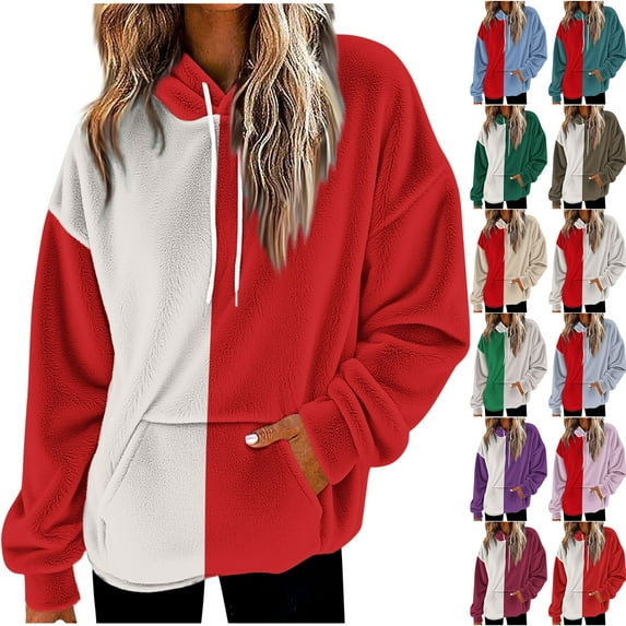 Otntypg Color Block Fuzzy Hoodies for Women Trendy Fall Winter Thick Warm Long Sleeve Drawstring Hooded Pullover Sweatshirts Fashion Sherpa Fleece Outwear Tops with Pockets Blue XXL