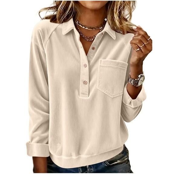 Otntypg Corduroy Henley Shirts for Women Casual Half Button up V Neck Long Sleeve Basic Collared Tunic Sweatshirts Loose Lightweight Dressy Pullover Tops with Pockets Beige XXL