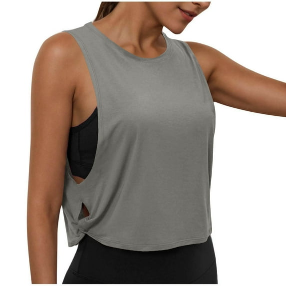 Otntypg Cotton Cropped Workout Tank Tops for Women Loose Fit Casual Side Tie Hollow out Sleeveless Sports Athletic Yoga Running Gym Crop Shirts Gray L