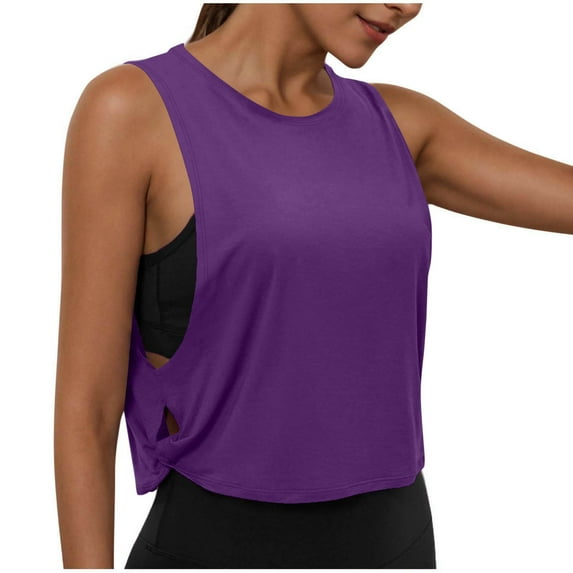 Otntypg Cotton Cropped Workout Tank Tops for Women Loose Fit Casual Side Tie Hollow out Sleeveless Sports Athletic Yoga Running Gym Crop Shirts Purple XL