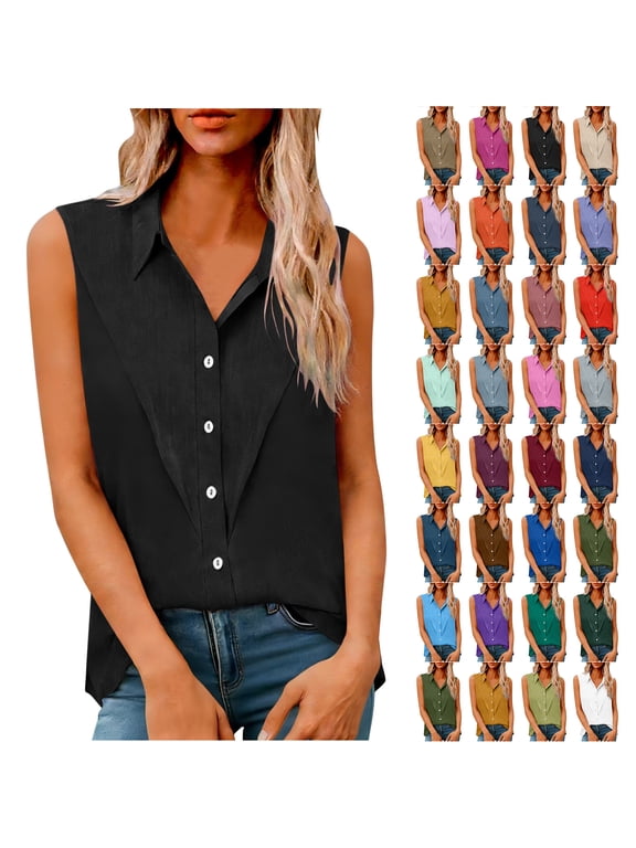 Cotton Linen Shirts for Women Sleeveless Collared Tank Tops Oversized Button Up Tunic Blouses Trendy Solid Color Work Shirts Casual Summer Beach Vacation Tshirt Gray M