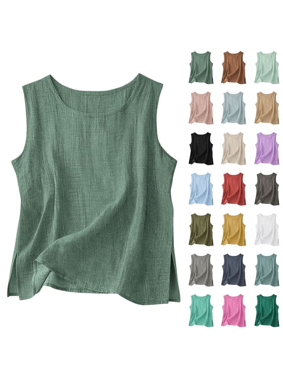 Cotton Linen Tank Tops for Womens Lightweight Comfy Lounge Wear Casual Summer Sleeveless Crewneck Blouse Loose Fit Gauze Shirts White L