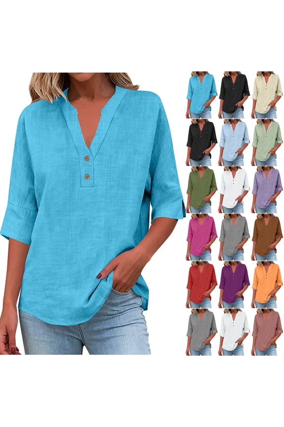 Cotton Linen V Neck Tops for Women Lightweight Casual Summer Short Sleeve Button Neckline Tunic Blouse Loose Fit Dressy Work Beach Vacation T-Shirts Purple M
