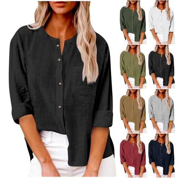 Otntypg Cotton Shirts for Women Casual Button Down Roll Up Long Sleeve Beach Vacation Hawaiian Tees Shirt Collared Work Blouse Tops Army Green L