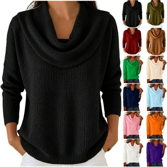 Otntypg Cowl Neck Sweaters for Women Fall Spring Long Sleeve Solid Color Cable Knit Pullover Sweater Tops Winter Plush Thick Warm Knitwear Shirts Black XL
