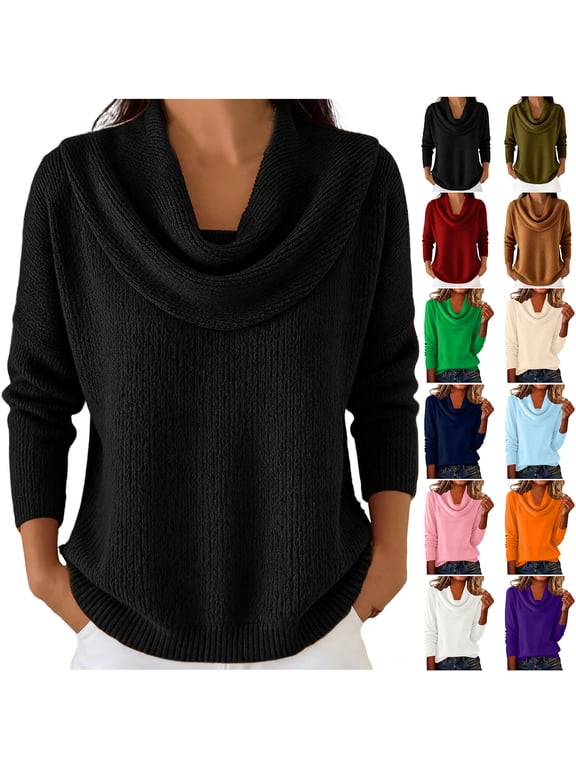 Cowl Neck Sweaters for Women Fall Spring Long Sleeve Solid Color Cable Knit Pullover Sweater Tops Winter Plush Thick Warm Knitwear Shirts Black XL