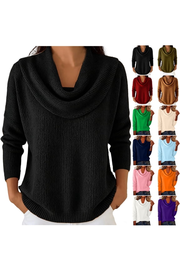 Cowl Neck Sweaters for Women Fall Spring Long Sleeve Solid Color Cable Knit Pullover Sweater Tops Winter Plush Thick Warm Knitwear Shirts Navy M