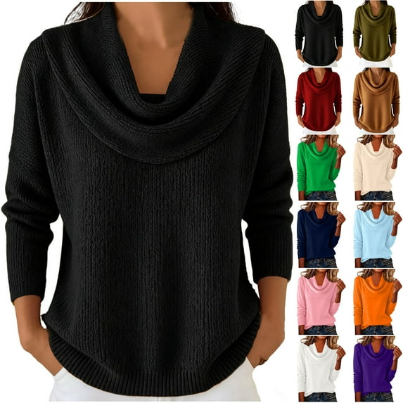 Otntypg Cowl Neck Sweaters for Women Fall Spring Long Sleeve Solid Color Cable Knit Pullover Sweater Tops Winter Plush Thick Warm Knitwear Shirts Pink M