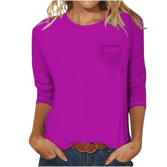 Otntypg Cute 3/4 Sleeve Tops for Women Casual Dressy Crewneck Basic Pocket T-Shirts Loose Lightweight Comfy Tunic Blouse Trendy Soft Cotton Outfit Clothes Purple XXXL