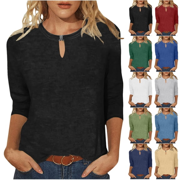 Otntypg Cute 3/4 Sleeve Tops for Women Dressy Casual Summer Solid Color Crewneck Keyhole Cutout Basic Workout T-Shirts Trendy Cozy Tunic Blouse Green M