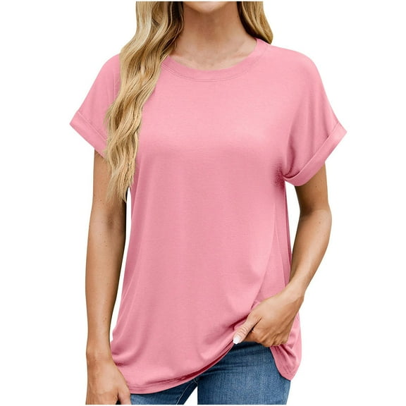 Otntypg Cute Summer Tops for Women Dressy Casual Short Sleeve Round Neck Basic Workout Tunic Blouse Loose Lightweight Comfy Baggy Shirts Pink XXL