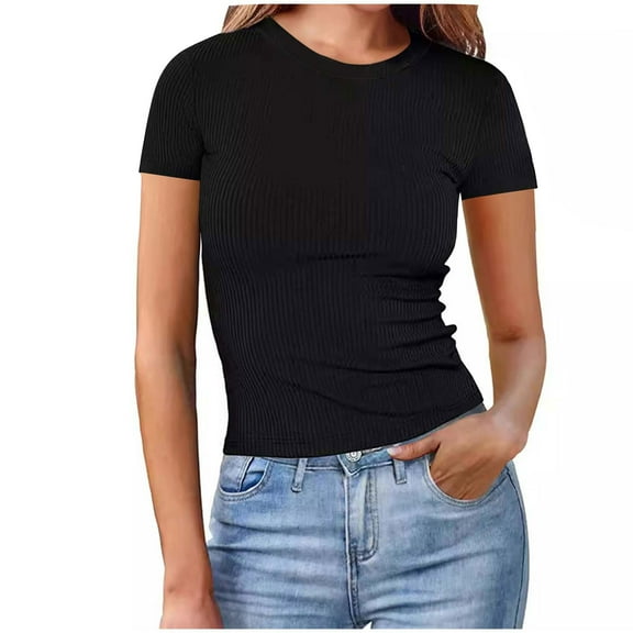 Otntypg Cute Women's Short Sleeve Tops Casual Scoop Neck Ribbed Knit Slim Fitted Basic Tee Shirts 2025 Summer Trendy Outfits Clothes Black S