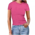 thumbnail image 1 of Otntypg Cute Women's Short Sleeve Tops Casual Scoop Neck Ribbed Knit Slim Fitted Basic Tee Shirts 2025 Summer Trendy Outfits Clothes Hot Pink XXL, 1 of 6