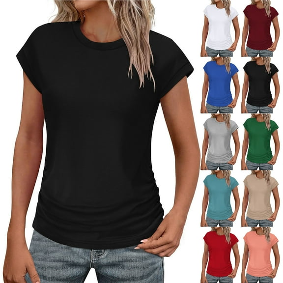 Otntypg Cute Womens Summer Tops Solid Business Casual Cap Sleeve Crewneck Ruched Tee Trendy Basic Outfits Beach Vacation Clothes White XXL