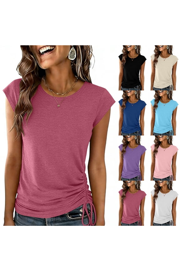 Cute Womens Summer Tops Trendy Solid Color Basic Side Drawstring Ruched Cap Short Sleeve Tshirts Tunic Bouse Fashion Crew Neck T Shirts Watermelon Red L