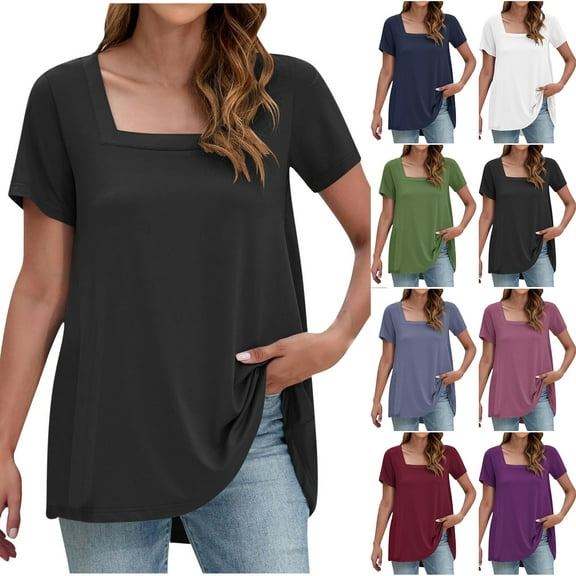 Otntypg Cute Womens Tops Casual Square Neck T Shirts Summer Short Sleeve Basic Tees Loose Flowy Comfy Tunic Blouse for Leggings Blue XL