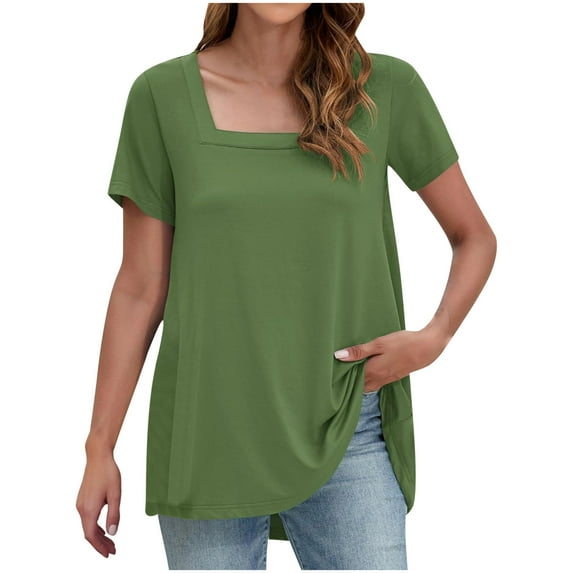 Otntypg Cute Womens Tops Casual Square Neck T Shirts Summer Short Sleeve Basic Tees Loose Flowy Comfy Tunic Blouse for Leggings Green XXXL